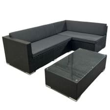 Image of Black Rattan Corner Sofa Set with Dark Grey Cushions & Coffee Table