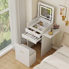 Image of Modern Dressing Table Stool Set 3 Color LED Lighted Mirror Desk w/ Side Panel