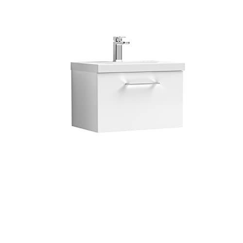 Image of nuie ARN122A Arno Modern Bathroom Wall Hung 1 Drawer Vanity Unit with Mid-Edge Ceramic Basin, 600mm, Gloss White