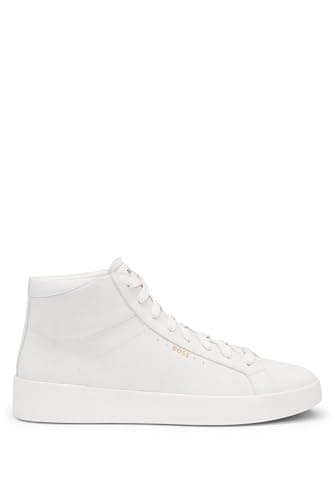 Image of BOSS Mens Belwar Hito Logo-detail high-top trainers in tumbled leather Size 10