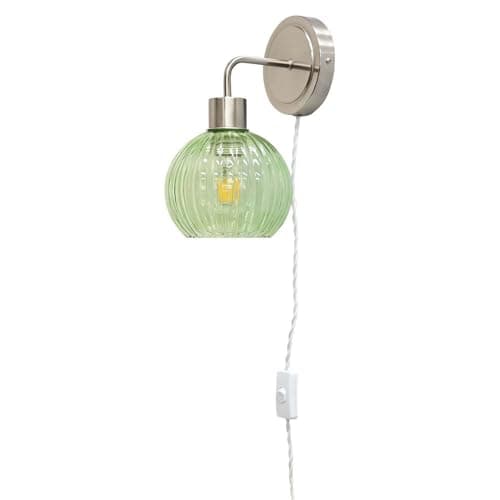 Image of firstchoicelighting Satin Nickel Plug in Wall Light or Bedside Reading Lamp with Green Ribbed Glass Shade