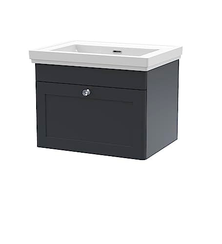 Image of nuie CLC1494H Classique Wall Hung 1 Drawer Vanity Unit & 0 Tap Hole Fireclay Basin, 600mm, Satin Anthracite, Soft Black