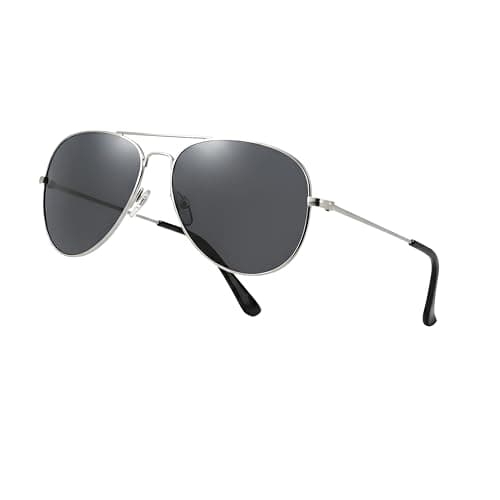 Image of Komonee Pilot Style Designer Sunglasses - Silver Frame Black Lens Classic Retro Shades, Unisex Men & Women UV400 Protection Glasses, Great for Cycling Golf Fishing Sports & Holidays
