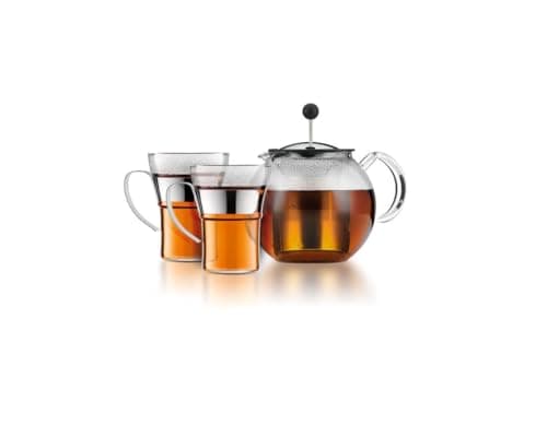 Image of BODUM K1801-16CAR Assam Set Plunger Teapot with Lid and Stainless Steel Filter 1.0 L with 2 Glass Cups Stainless Steel Handle 0.35 L