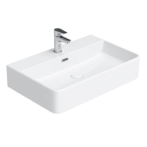 Image of HOROW Bathroom Ceramic Wash Basin Sink Countertop or Wall Mounted Rectangular Basin,Slim Edge & Storage Ledge Design for Bathroom, Cloakroom, Small WC (White, 60 * 42 * 14 cm)