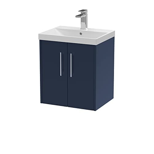 Image of Hudson Reed JNU2921D Juno Modern Bathroom Wall Hung 2 Soft Close Door Vanity Unit and Thin-Edge Basin, 500mm, Midnight Blue