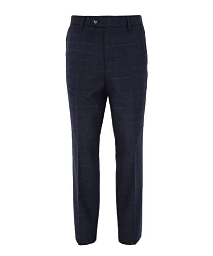Image of SIRRI Men Tweed Windowpane Check Tailored Fit Navy Blue Wedding Formal Business Trousers, Size 34
