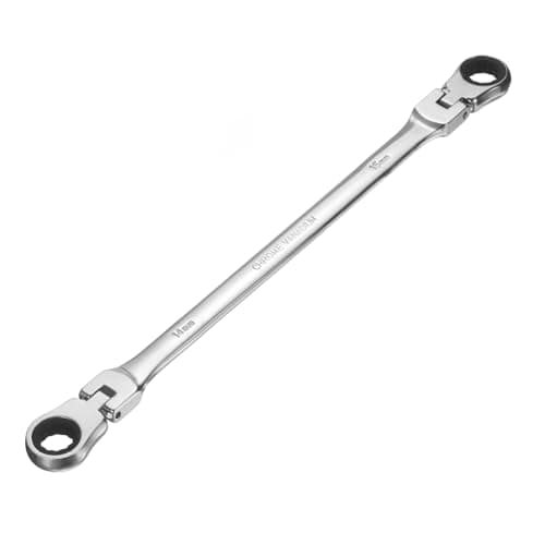 Image of sourcing map Double Box End Wrench Extra Long Flex Head Metric 14 x 15 mm 72-Tooth 12-Point Ratcheting Double Box End Wrench 180 Degree Flex Head CR-V Steel for Garage Repair DIY, Silver
