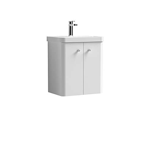Image of Nuie COR103 Core Modern Bathroom Wall Hung 2 Door Vanity Unit and 1 Tap Hole Ceramic Basin, 589 x 505 x 355mm, Gloss White