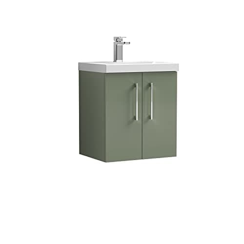 Image of nuie ARN821A Arno Modern Bathroom Wall Hung 2 Door Vanity Unit with Mid-Edge Ceramic Basin, Satin Green