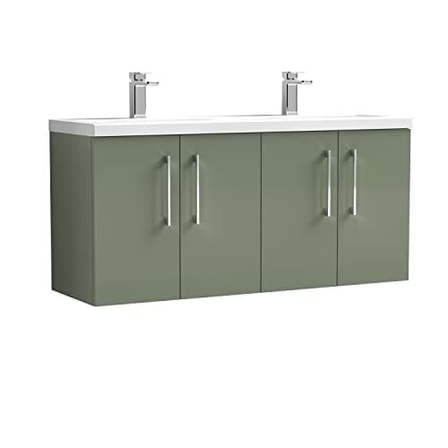 Image of nuie Modern Bathroom Wall Hung 4 Door Double Vanity Unit with Twin Ceramic Basin, Satin Green, 1200mm