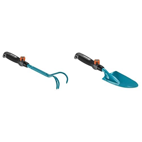 Image of Gardena combisystem Hand Grubber: Three-tined garden claw for loosening and aerating soil, 7 cm working width, ergonomic handle, corrosion protection & 08929-20, combisystem Hand Trowel, 8.5cm
