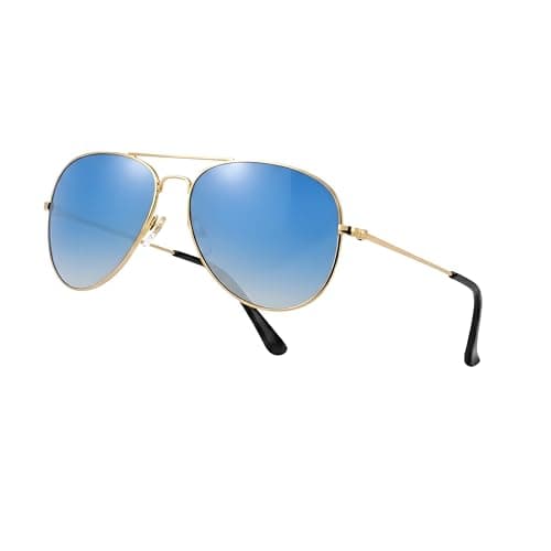 Image of Komonee Pilot Style Designer Sunglasses - Gold Frame Blue Lens Classic Retro Shades, Unisex Men & Women UV400 Protection Glasses, Great for Cycling Golf Fishing Sports & Holidays