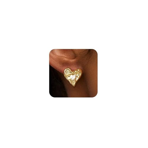 Image of VIROMY Gold Heart Earrings for Women 14K Gold Plated Heart Zirconia Earring Hammered Pattern Earrings Delicate Jewellery Gifts for Women