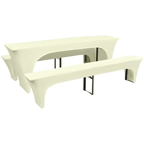 Image of Teenpull 3 Piece Beer Table and Bench Slipcover Set Stretch Cream Polyester with Spandex Fit Elastic Washable Ideal for Wedding Banquet Modern Furniture Protector
