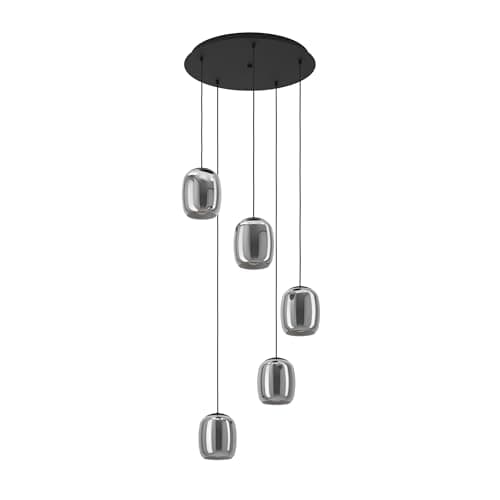 Image of Eglo Pendant Lighting Ciampino, 5 Light Hanging lamp Above Dining Table, Elegant Dining Room Ceiling Light Fixture, Made of Metal in Black and Smoked Glass, E27 Socket, Ø 54 cm