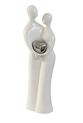 Image of Casablanca Design Sculpture Couple with Heart White Silver 38 cm Ceramic Living Room Sculptures Decoration Modern