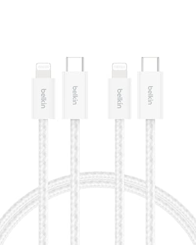 Image of Belkin 2-Pack Braided USB-C Cable with Lightning Connector 5ft - Soft, Flexible Fast-Charging Cable, Lightning Charger Cord for iPhone 14 & Earlier Series, iPad 9th Gen, & AirPods - White