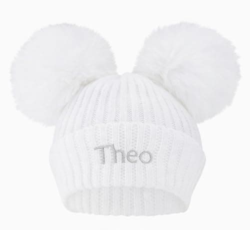 Image of Lobeko Personalised Baby Hat with Double Faux Fur Poms Custom Knitted Winter Hat for Boys & Baby Girls 0–12 Months Soft Warm Beanie 7 Colours Newborn Infant Name on Hat White