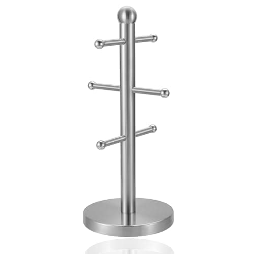 Image of UNIQUE CRAFTS Mug Hanger Stand Tea Coffee Cup Holder with 6 Hooks | Modern Silver Mug Tree for Kitchen Storage and Organization | Durable Stainless Steel Countertop Rack | Space-Saving Cup Organizer