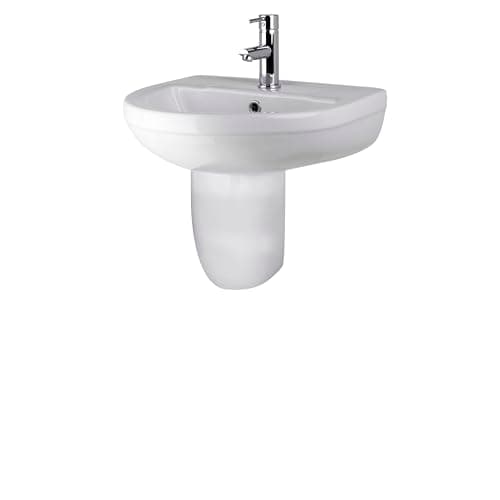 Image of Balterley 500mm Bathroom Sink, Semi Pedestal Ceramic Round Bowl Bathroom Wash Basin Sink with Overflow, 1 Tap Hole, Wall Mounted Basin Sinks for Cloakroom - 500 x 416 x 466mm (White)