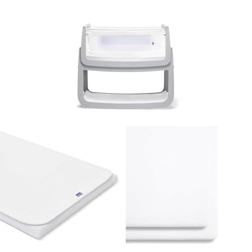 Image of SnuzPod 4 Bedside Crib Bundle - Rocking Next to Me Crib with Matress (Dove) + Waterproof Matress Protector + 2 Pack White Fitted Sheets