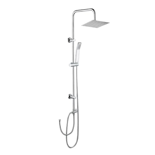 Image of iBathUK Elevex Modern 2 Way Shower Riser Rail Kit, Stainless Steel Fixed Square Head, Multifunction Handheld Shower, Brass Diverter & Flexible Hose for Contemporary Bathrooms in Chrome