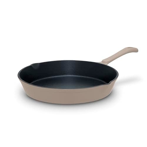 Image of Barbary & Oak Nattura 26cm Cast Iron Round Pan, Durable Enamel Interior, Induction Compatible, Dual Side Spouts, Cashmere, BO800255CSH