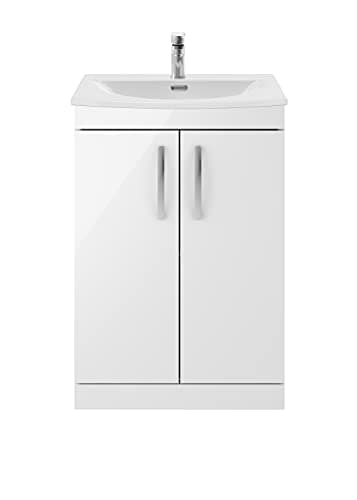 Image of nuie Modern Bathroom Floor Standing 2 Soft Close Doors Vanity Unit with Curved Ceramic Basin with 30mm Profile, 600mm, Gloss White, Manufactured Wood