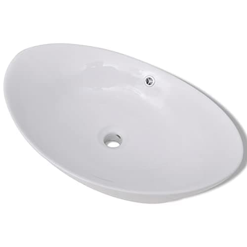 Image of vidaXL Luxury Ceramic Basin, Elegant Oval Design, High-Gloss Finish, White, Features Overflow, Easy-to-Clean, Above Counter Installation, Perfect for Bathroom/Washroom/Powder Room