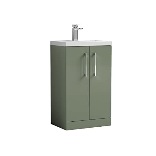 Image of nuie PAL118 Arno Compact Modern Bathroom Floor Standing Slimline 2 Door Vanity Unit and Polymarble Basin, 500mm, Satin Green