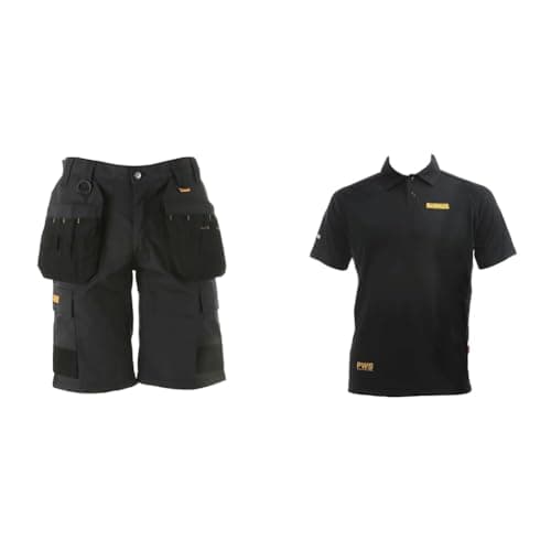 Image of DEWALT Cheverley Lightweight Grey Polycotton Shorts Waist 30in Ruland PWS Performance Polo Shirt, Black, Size Medium