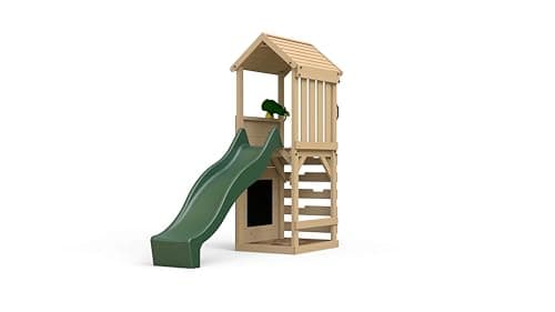 Image of Plum Childrens Garden Lookout Tower Wooden Play Centre with 8ft Slide - Climbing Wall and Ladder - Binocular Accessory Included - Suitable for Children 3 Years Plus (Forest Green Tower)