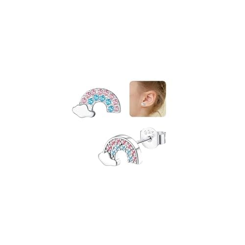 Image of 925 Sterling Silver Stud Earrings for Girls Women Hypoallergenic Earrings Stud for Teen Toddler Childs Cute Small CZ Rainbow Butterfly Sleeper Earring 925 Silver Kids Earring for Girls Jewellery -R