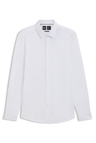 Image of BOSS Mens P-HANK-s-kent-C1-222 Performance-Stretch Slim-fit Shirt in Cotton-Blend Jersey White