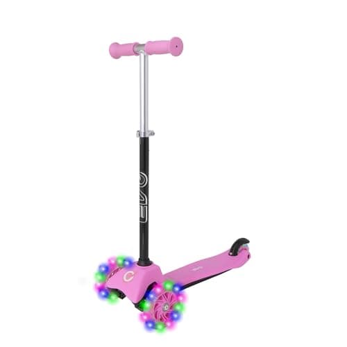 Image of EVO Light-Up Mini Cruiser Pink & Black Scooter | 3-Wheeled Kids' Scooter with Light-Up Wheels | Adjustable Height Push for Toddlers & Children | Balance Kick Scooter for Ages 2-7