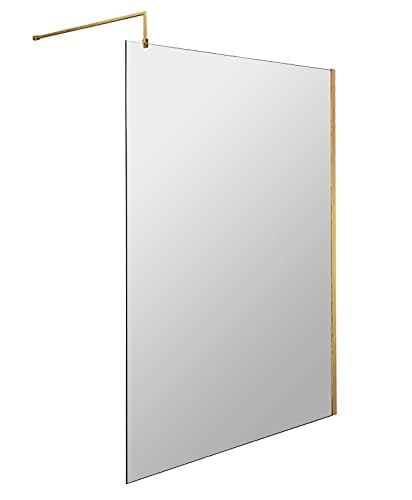 Image of Hudson Reed WRSBB14 Modern Bathroom 'Shower Shield' Coated 8mm Toughened Safety Glass Wetroom Screen with Support Bar, 1400mm, Brushed Brass