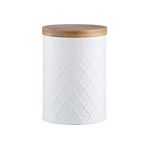 Image of Typhoon Embossed Coffee Storage Canister | Hardwearing Tinware with Airtight Silicone Seal Bamboo Lid | Keeps Coffee Fresh For Longer | White, 115mm x 115mm x 160mm
