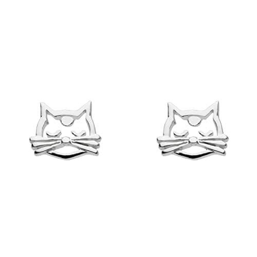 Image of Dew Cat Feline Face Stud Earrings – Sterling Silver, Cute and Fun Animal Themed Jewellery (With Gift Box)