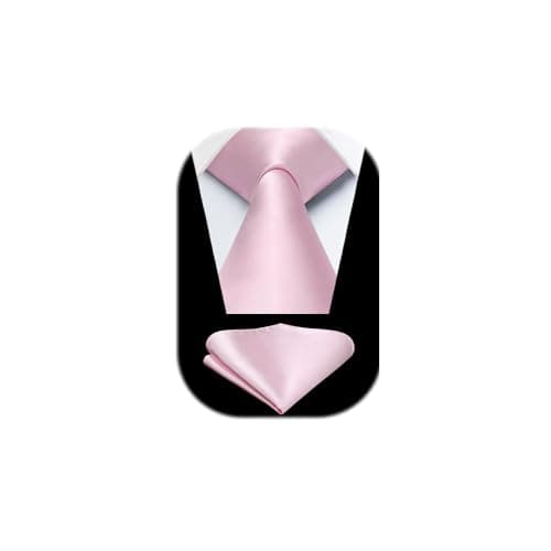Image of HISDERN Baby Pink Ties for Men Wedding Tie and Pocket Square Set Classic Solid Silk Necktie Handkerchief for Wedding Party Business