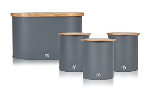 Image of Swan Nordic Slate Grey Kitchen Accessory Set with Bread Bin and Cutting Board Lid and Set of 3 Storage Canisters, Bamboo Lids, Handy Storage, Soft Matte Finish, STP1022GRYN