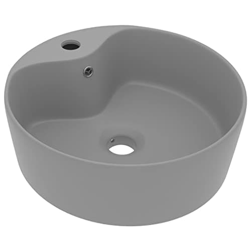 Image of vidaXL Luxury Ceramic Wash Basin | Above Counter Sink with Overflow & Faucet Hole | Matt Light Grey Finish | Versatile & Heavy-Duty (36x13 cm) | Ideal for Bathroom, Washroom, Kitchen