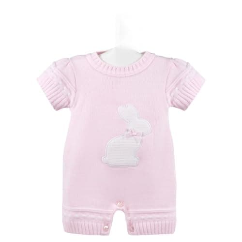 Image of dandelion babys clothes girls all season knitted romper knitted bunny applique on the front satin bow tie details on bunny 2 button opening on neck colour pink (0/3 months)