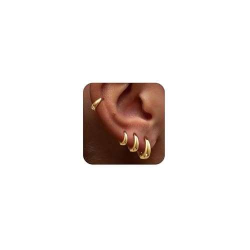 Image of Tewiky 4 Pairs Chunky Small Huggie Hoop Earrings for Women - Dainty 14K Gold Plated Hypoallergenic Lightweight Stack Earring Sets for Multiple Piercing Trendy Jewelry