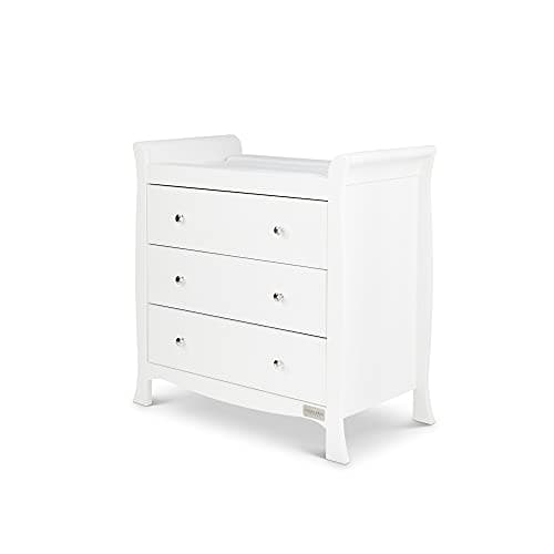 Image of Ickle Bubba Snowdon 3-Drawer Baby Changing Unit & Dresser – Elegant Traditional Sleigh Design Nursery Chest of Drawers with Top Changer, Spacious Storage & Fits 76x46cm Changing Mat