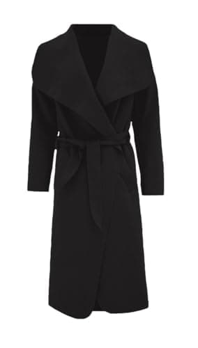 Image of Women Long Waterfall Italian Duster Coat, Ladies Long Sleeve Oversized French Belted Trench Open Jacket, Adult Celebrity Winter Cardigan Cape With Pockets UK Plus Size 8-22, (Black-16-18)