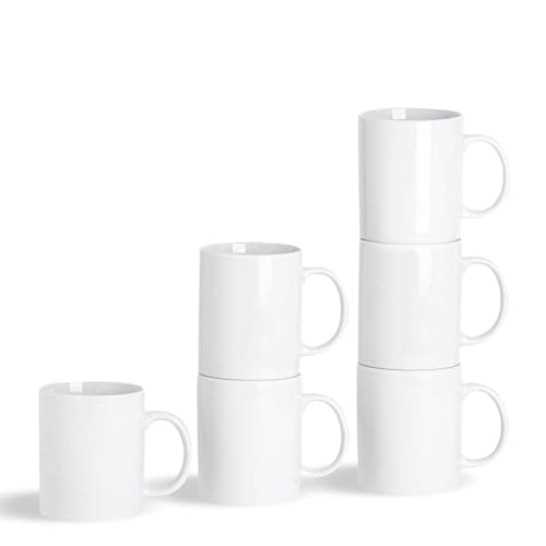 Image of Argon Tableware 6X White Traditional Straight Sided Tea Mugs - 285ml (10oz) - Large Porcelain Latte Coffee Cups Set - Dishwasher and Microwave Safe