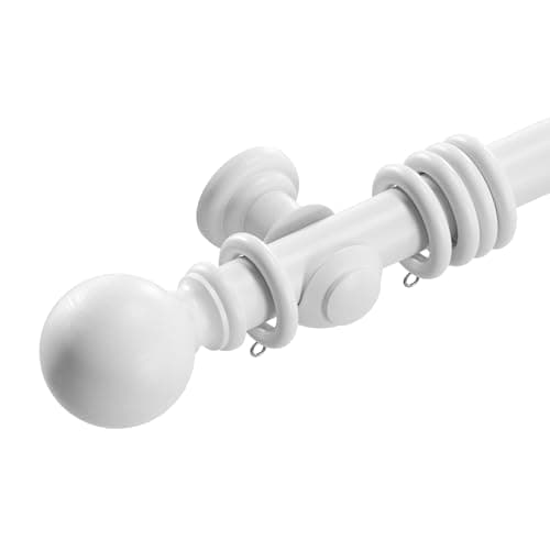Image of Loch & Skye Wooden Curtain Pole Set Fixed Length Premium Quality Beechwood 28mm Diameter with Finials, Rings & Brackets Wooden Rail Pole for Window & Eyelet Curtains (White, 120cm)