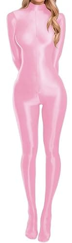 Image of Women’s Shiny Bodysuit Glossy Sheer Long Sleeve Jumpsuit Costume Cosplay Long Sleeve Catsuit Romper Outfit for Club Party Pink