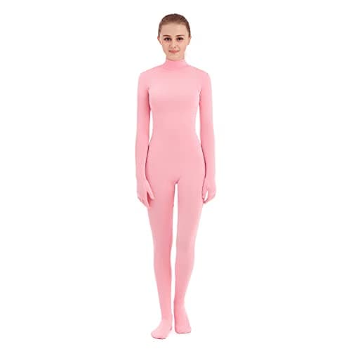 Image of SUPRNOWA Women's Jumpsuit Bodycon Full Body Footed Unitard Long Sleeve Bodysuit with Zipper Comfortable Spandex One-Piece Dance Costume (S, Pink Footed with Hand)